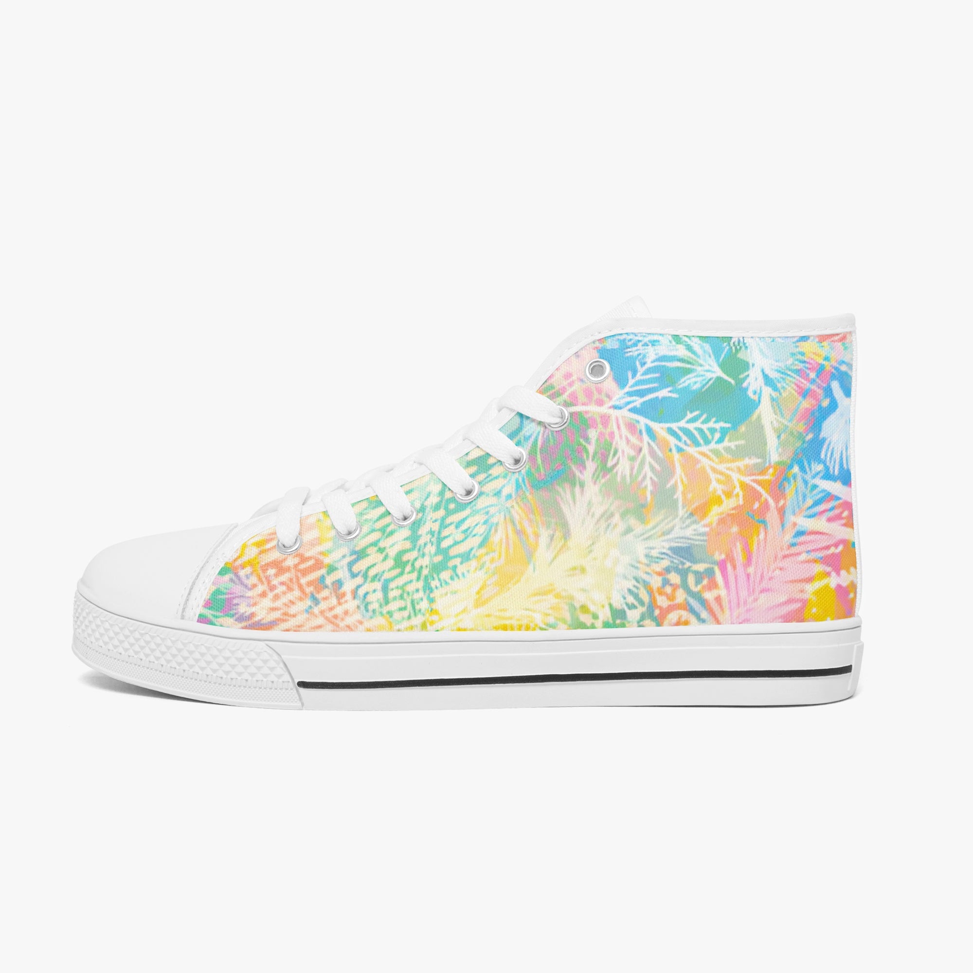 White high-top sneakers with colorful rainbow palm leaf print and white rubber sole.