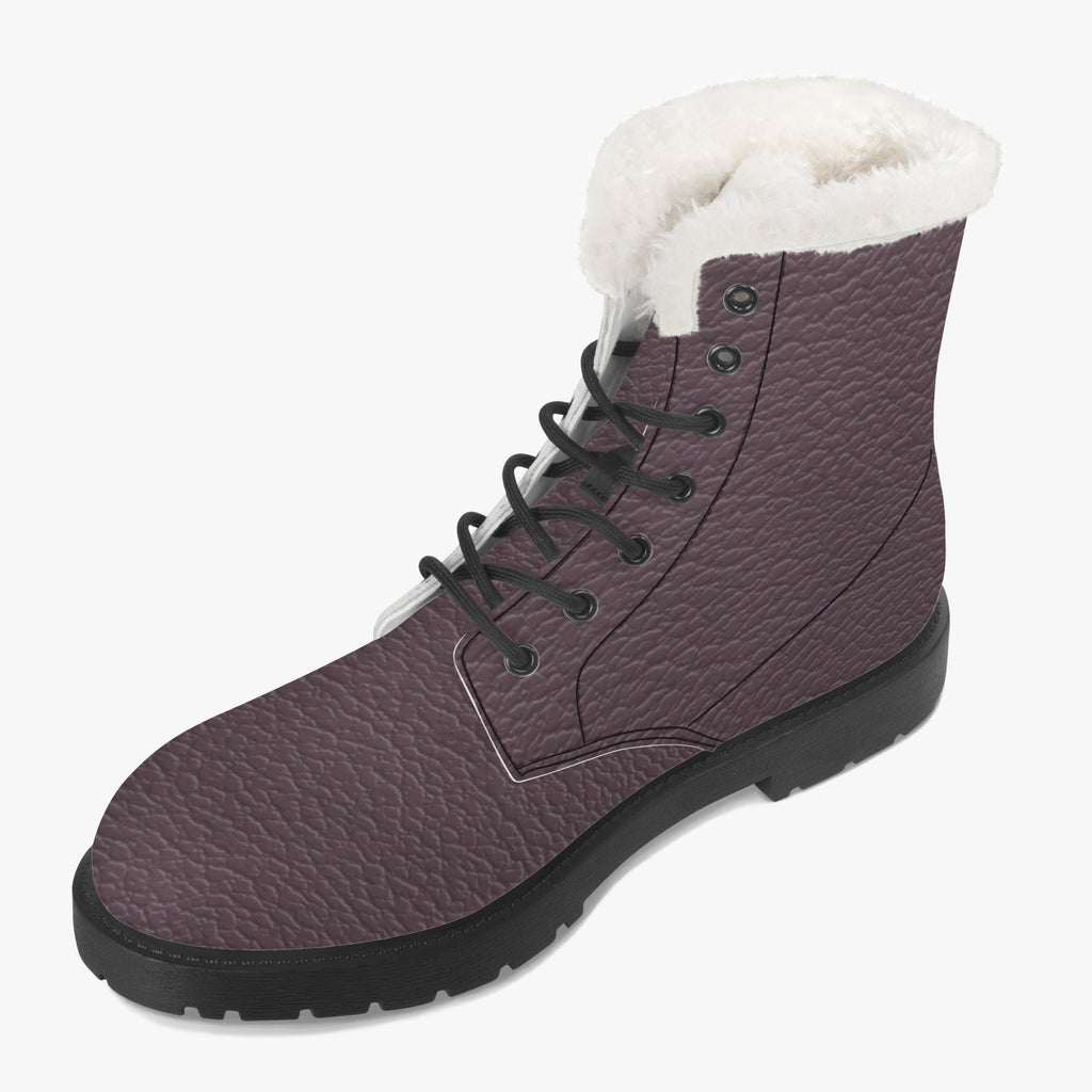 Plum pebbled leather lace-up boot with black sole and plush white faux fur collar.
