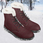 Burgundy velvet lace-up winter boots with white plush faux fur collar and black rubber soles with snow accents.