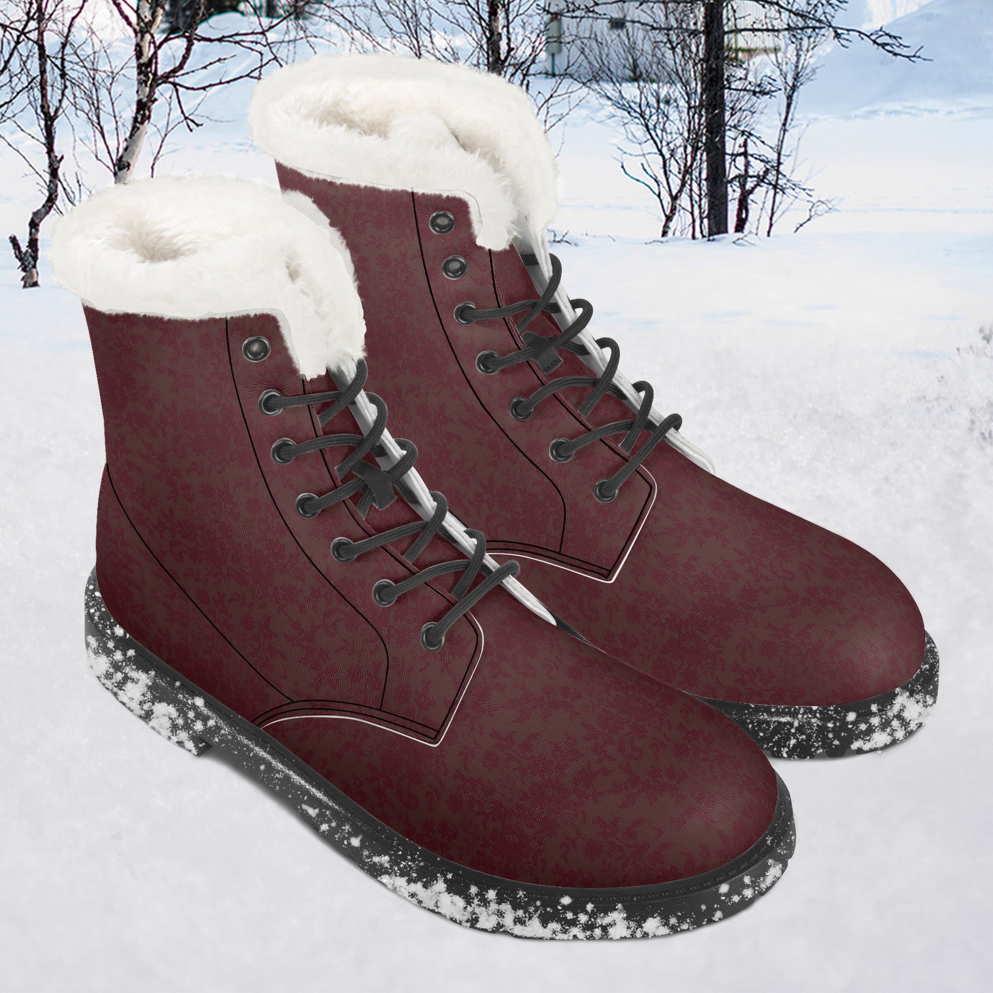 Burgundy velvet lace-up winter boots with white plush faux fur collar and black rubber soles with snow accents.