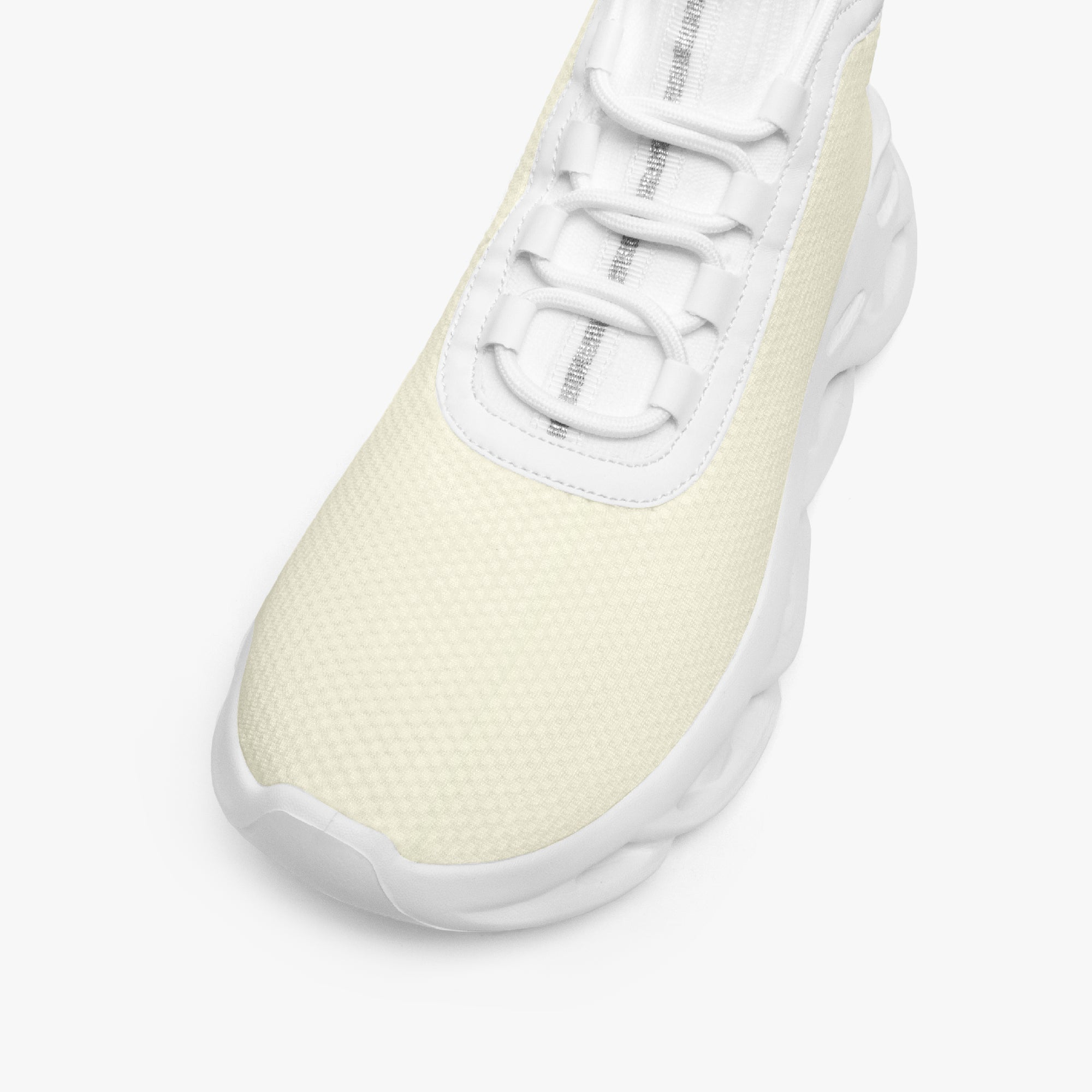 High-top cream mesh knit sneaker with white cushioned sole and white laces.