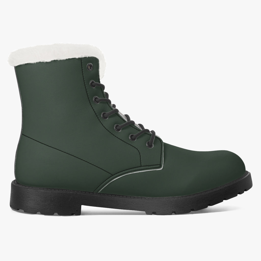 Forest green leather lace-up winter boot with plush white faux fur collar and black sole.