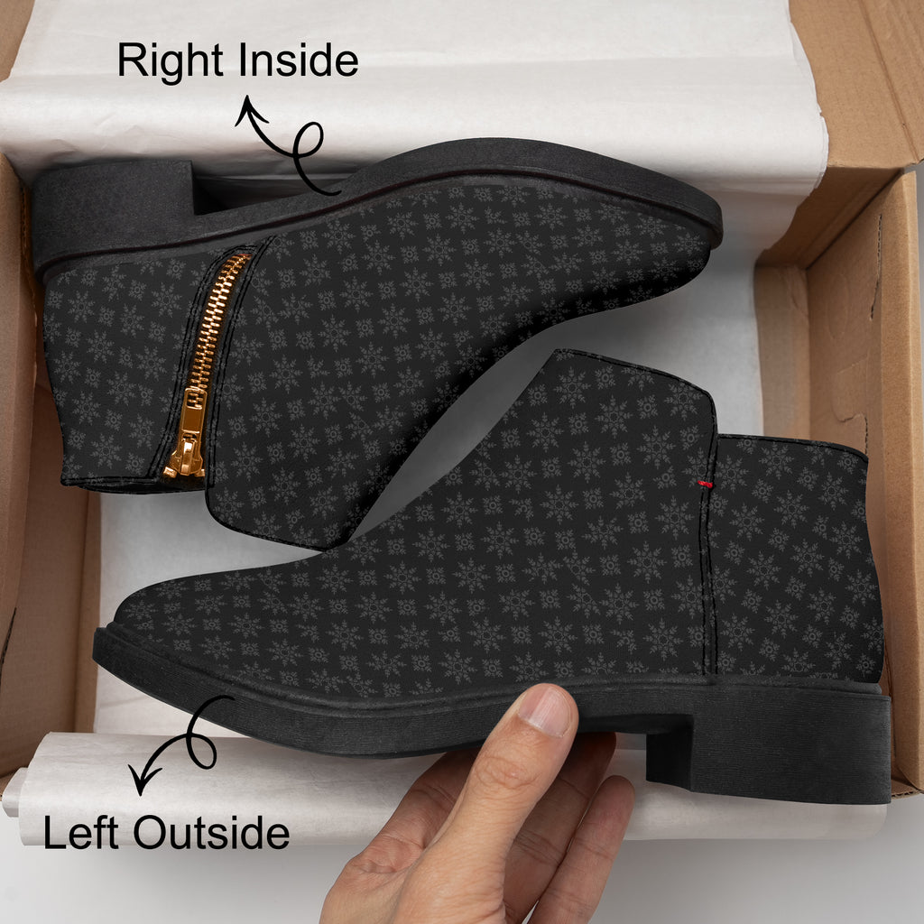 Black ankle boots with snowflake pattern, chunky heel, and gold side zipper detailing.