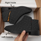 Black ankle boots with snowflake pattern, chunky heel, and gold side zipper detailing.