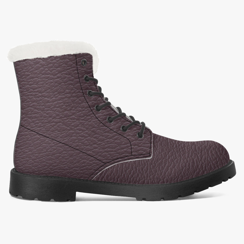 Plum pebbled leather lace-up winter boot with black sole and plush white faux fur collar.