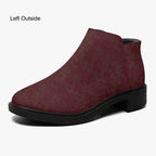 Burgundy floral lace slip-on bootie with chunky black heel and red accent stitching.