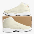 Cream and white high-top leather basketball sneakers with smooth upper and distinctive sole design.