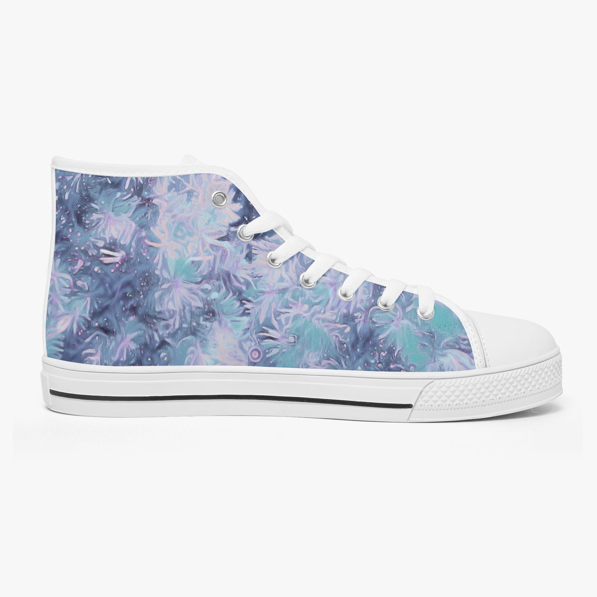 High-top sneaker with white laces and sole, featuring a blue and purple floral pattern on the fabric upper.