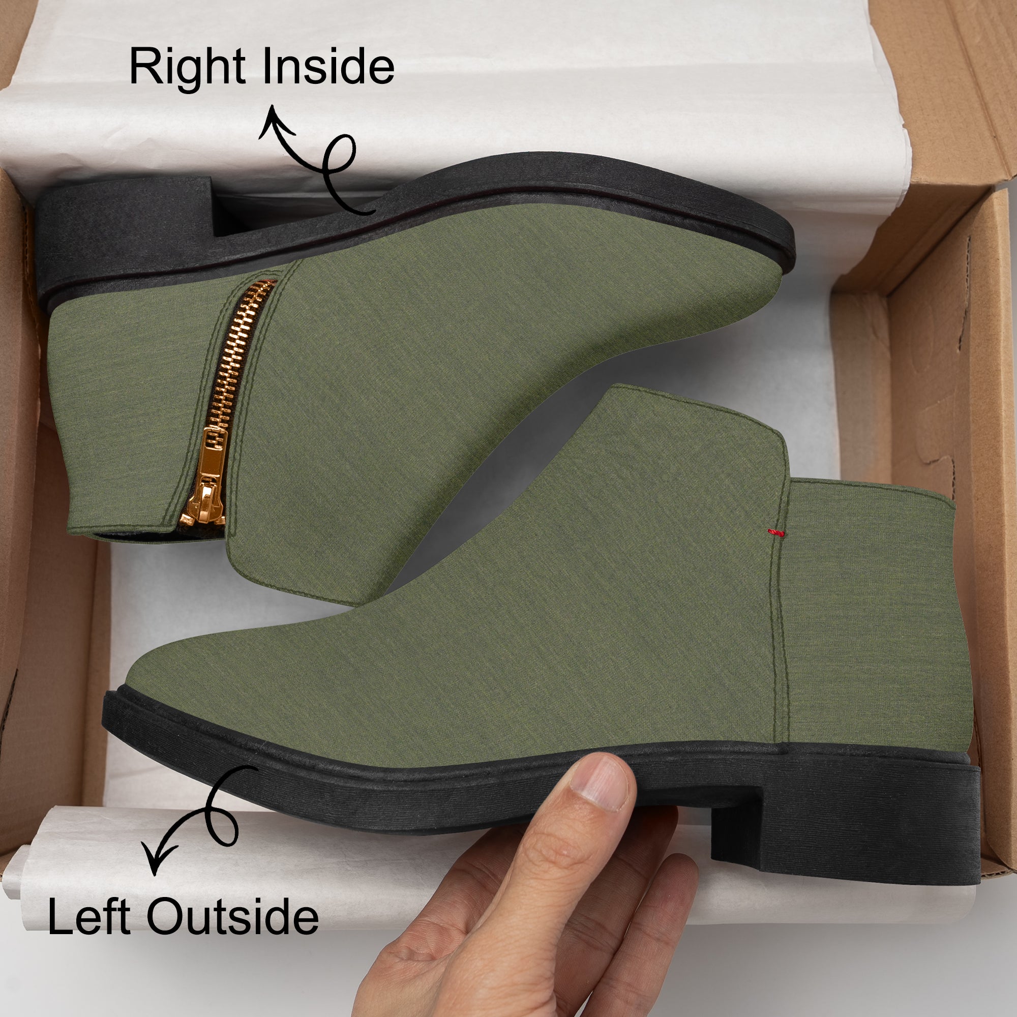 Olive green textured ankle boots with chunky black heels and gold fashion zippers inside.