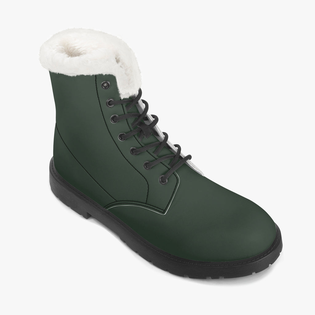 Forest green leather lace-up winter boot with plush white faux fur collar and black sole.