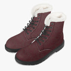 Burgundy velvet lace-up boots with black soles and plush white faux fur collar lining.