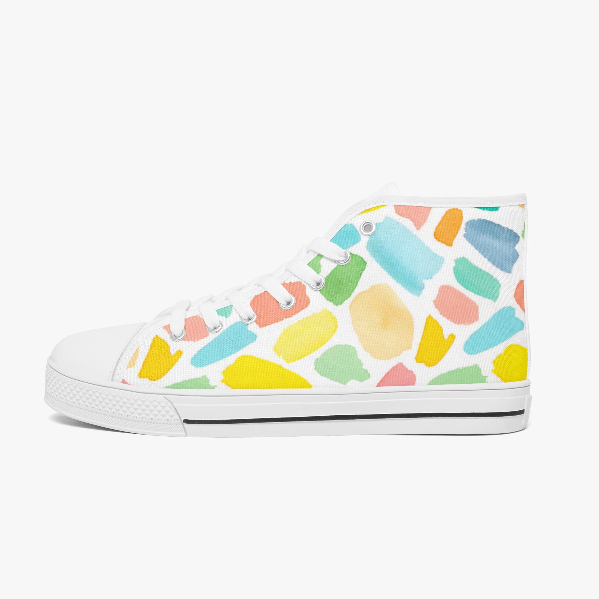 White high-top sneakers with colorful abstract mosaic pattern and white rubber sole.
