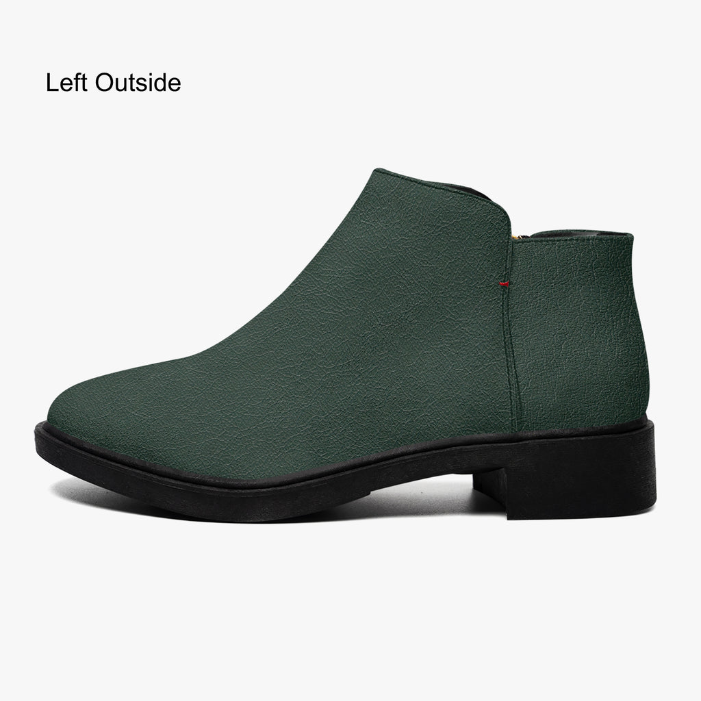 Dark green textured ankle boot with chunky black heel and smooth silhouette.
