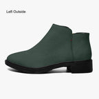 Dark green textured ankle boot with chunky black heel and smooth silhouette.