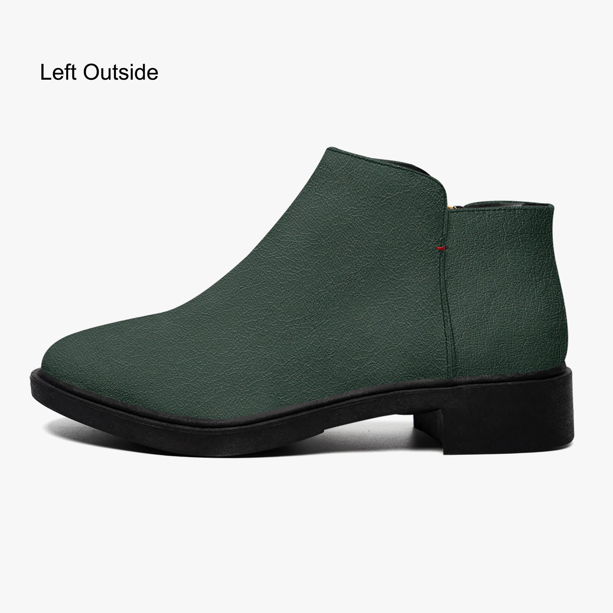 Dark green textured ankle boot with chunky black heel and smooth silhouette.