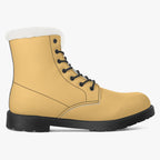 Sunny mustard leather lace-up boot with plush white faux fur collar and black sole.