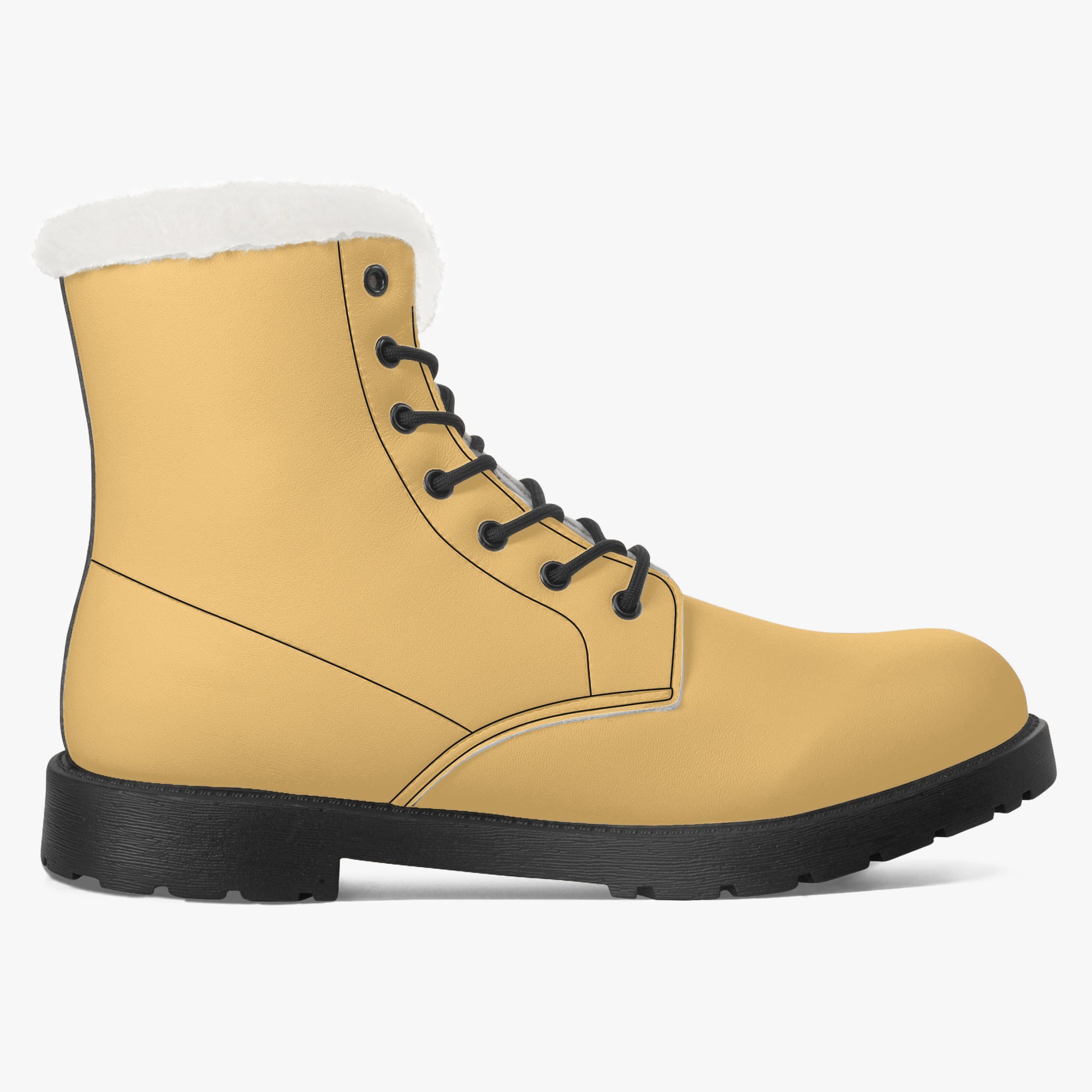 Sunny mustard leather lace-up boot with plush white faux fur collar and black sole.
