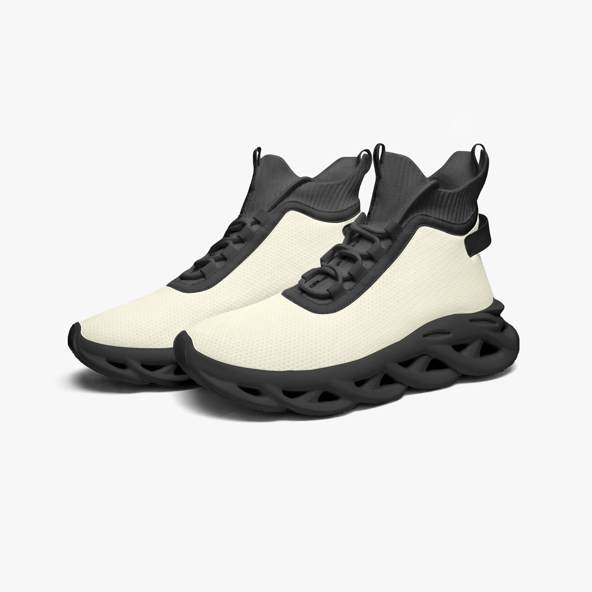 High-top sneakers with white mesh knit upper and chunky black sculpted sole.