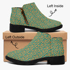 Teal ankle boots with orange floral print, chunky black heel, and side zipper, shown inside and outside views.