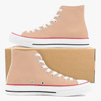 Peach high-top canvas sneakers with white rubber soles and red trim around the base.