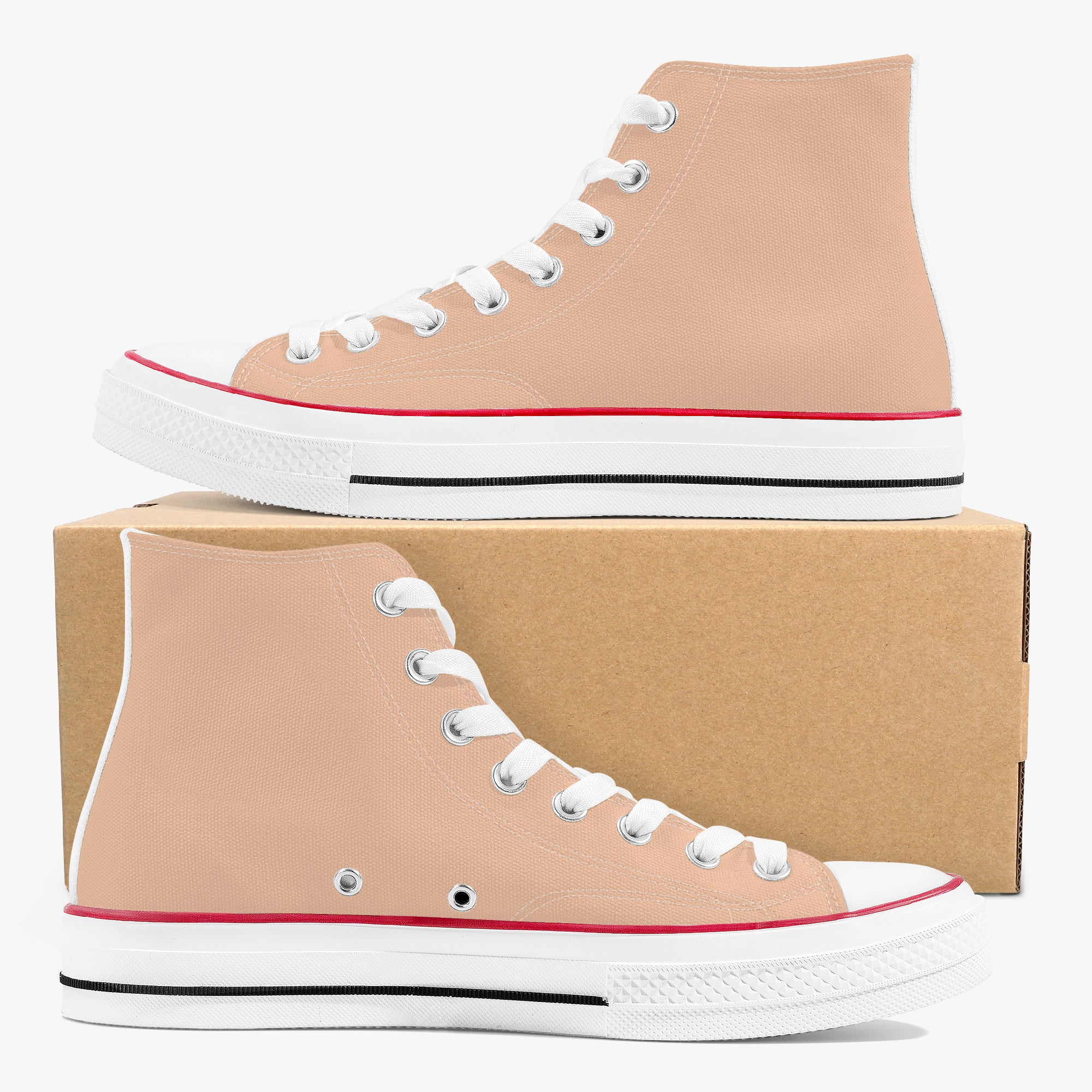 Peach high-top canvas sneakers with white rubber soles and red trim around the base.