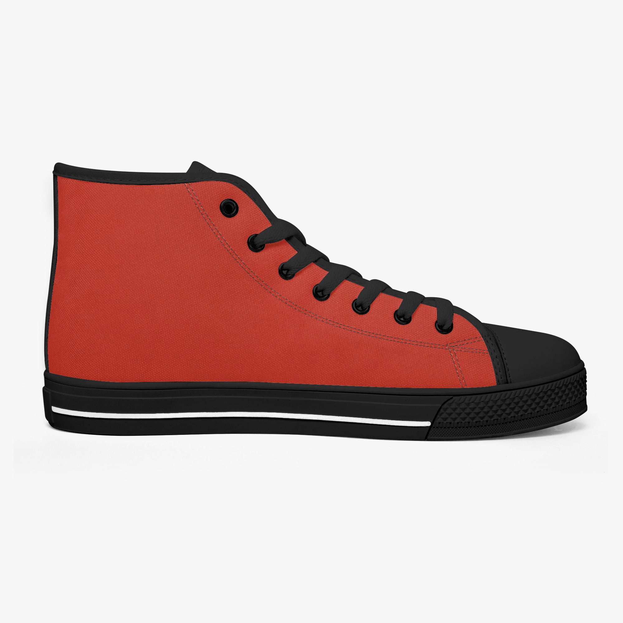 Bold red high-top canvas sneaker with black laces, toe cap, and sole accents.