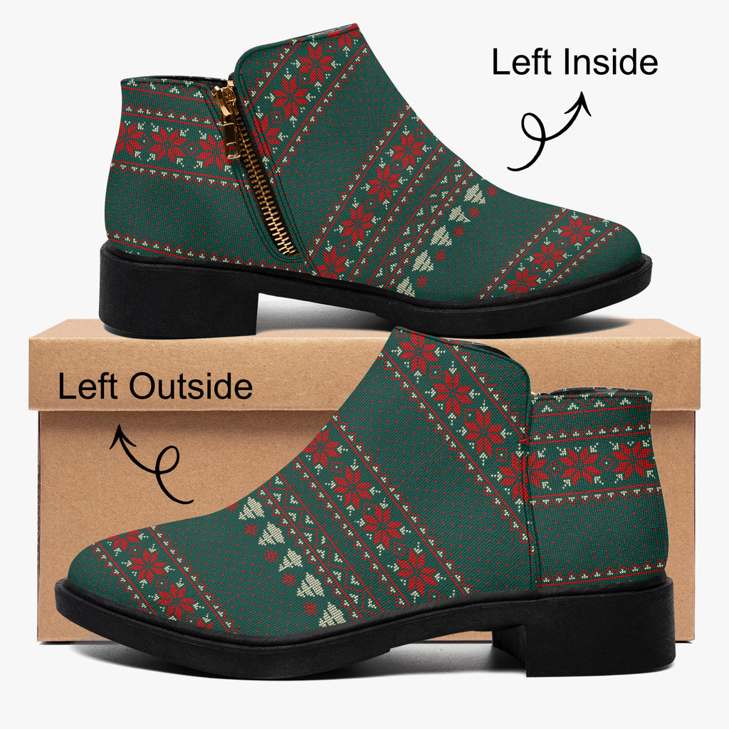 Green, red, and cream festive knit pattern ankle boots with side zipper and chunky black heel.