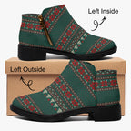 Green, red, and cream festive knit pattern ankle boots with side zipper and chunky black heel.