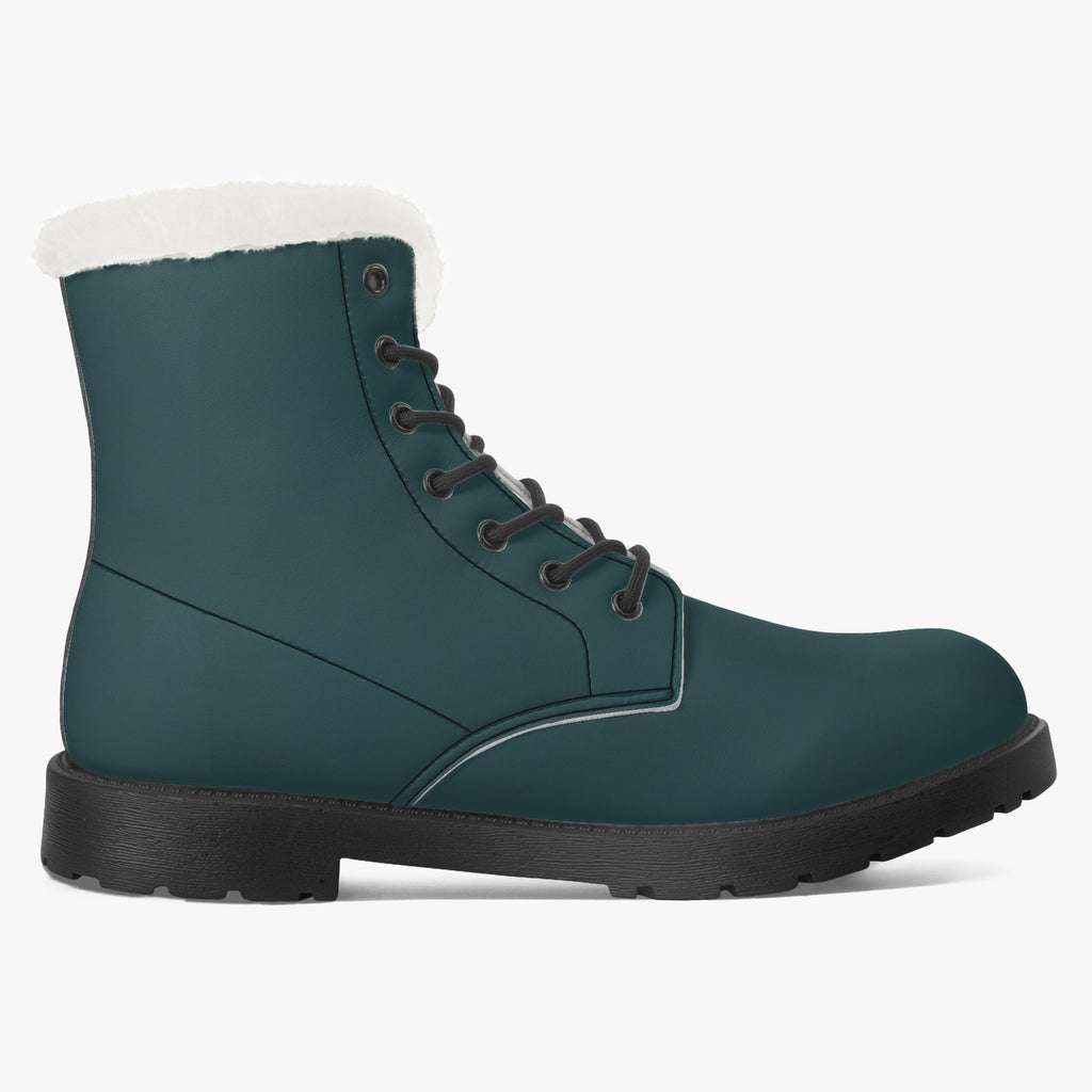 Midnight teal leather lace-up boot with plush white faux fur collar and black sole.